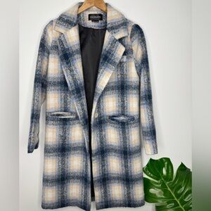 HAODUOYI Navy and‎ Beige Plaid Trench Coat